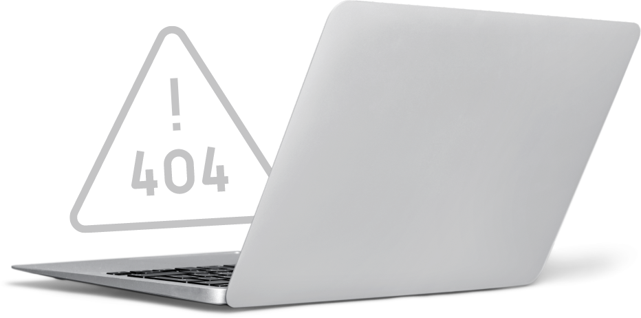 An open laptop beside a 404 warning symbol